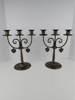 Vtg German Arts & Crafts Iron Candelabra Heart Gothic Jugendstil Candle Holders